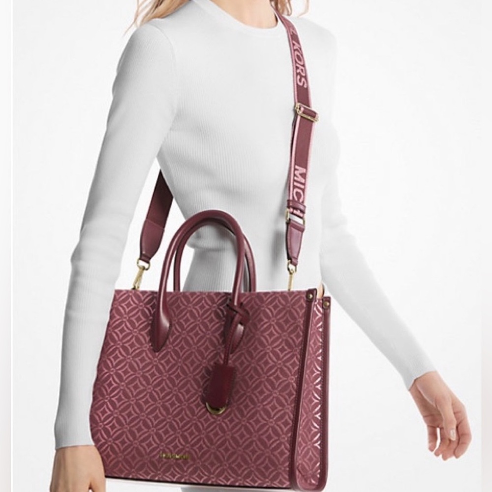 Sale NWT Michael Kors Shimmer Burgundy Tote Crossbody Shoulder Bag - Picture 3 of 16